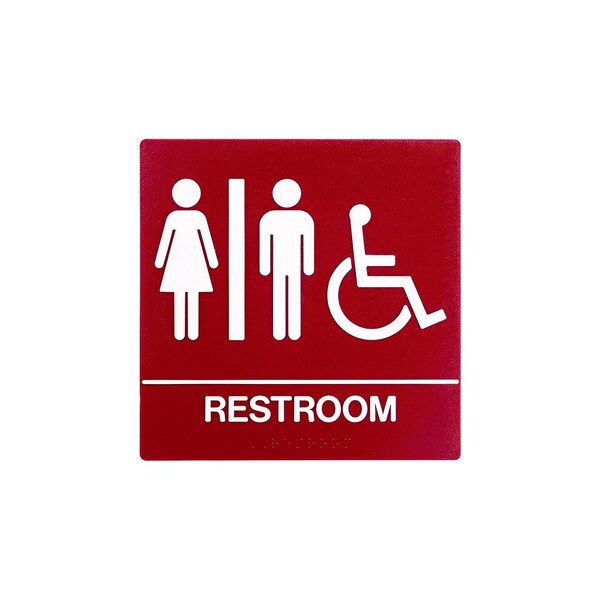 Bcf 8 x 8, Unisex Door Sign, Square Print, Picture, Text With Braille and Handicapped Symbol, Red SB444-RED - main